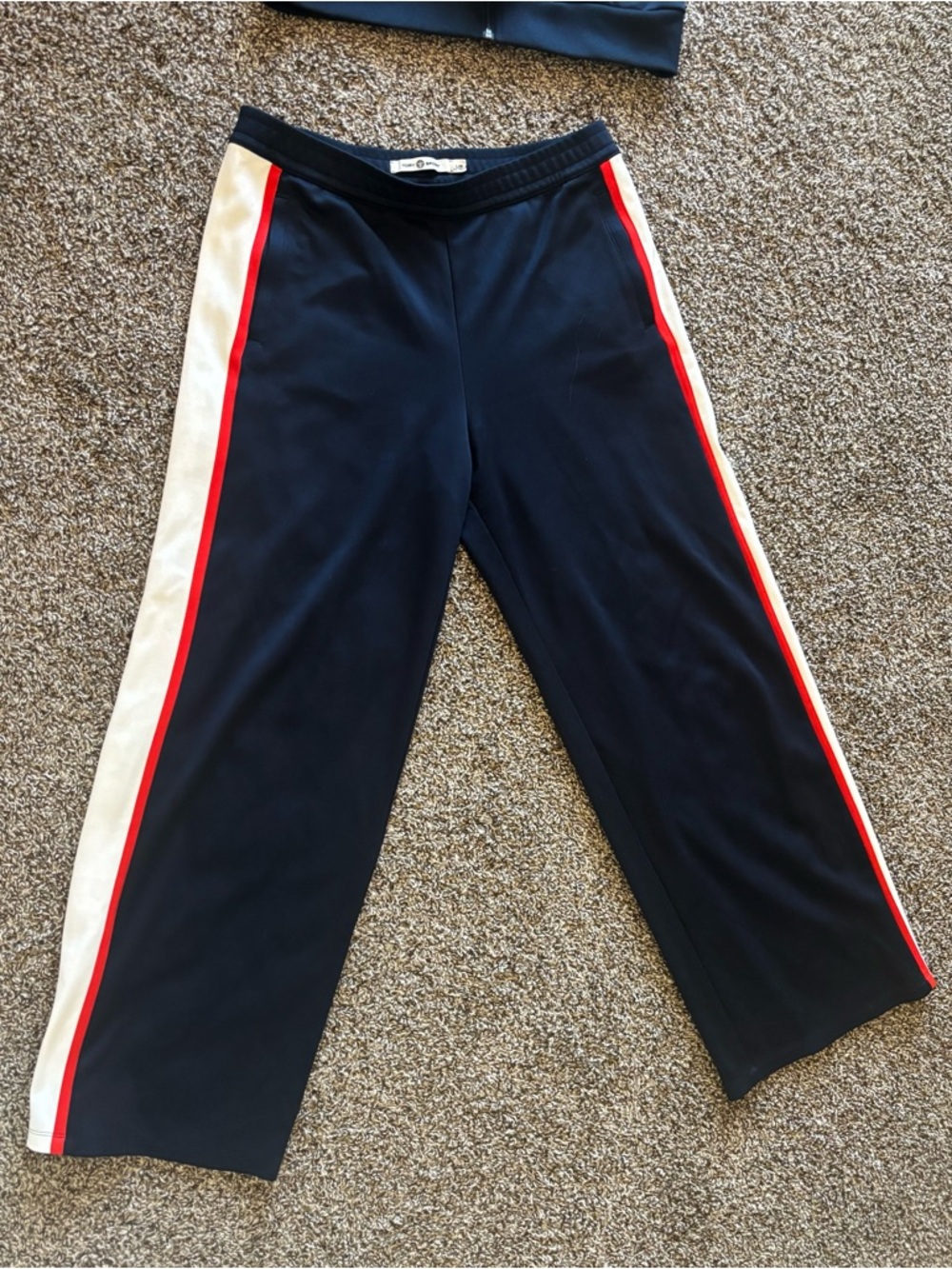 Tory Burch Navy Track Pants with Red and White Side Stripes